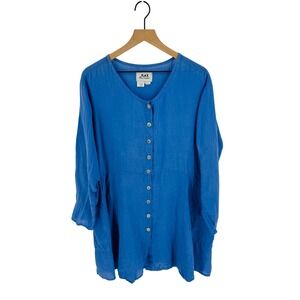FLAX Linen Blue Tunic Button Down Long Sleeve Pockets Size M Lagenlook Coastal